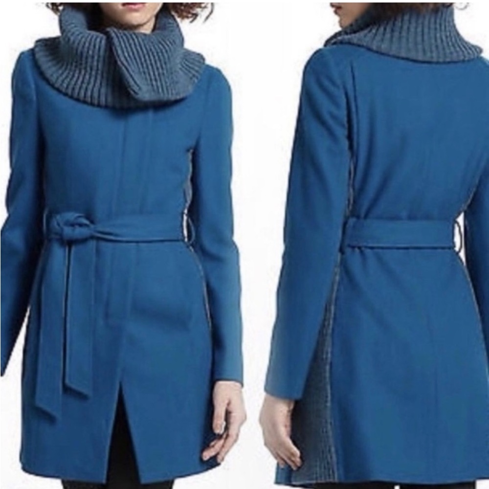 Anthropologie elevenses Belted Teal Blue Wool Blend Coat, Size 8